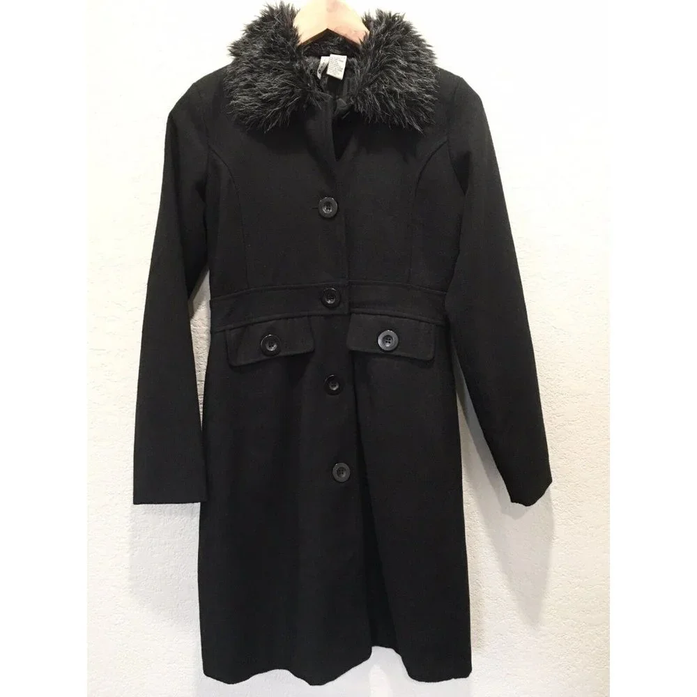 Voice  Long Wool Coat Faux Fur Collar Button Up Fully Lined - Picture 13 of 16